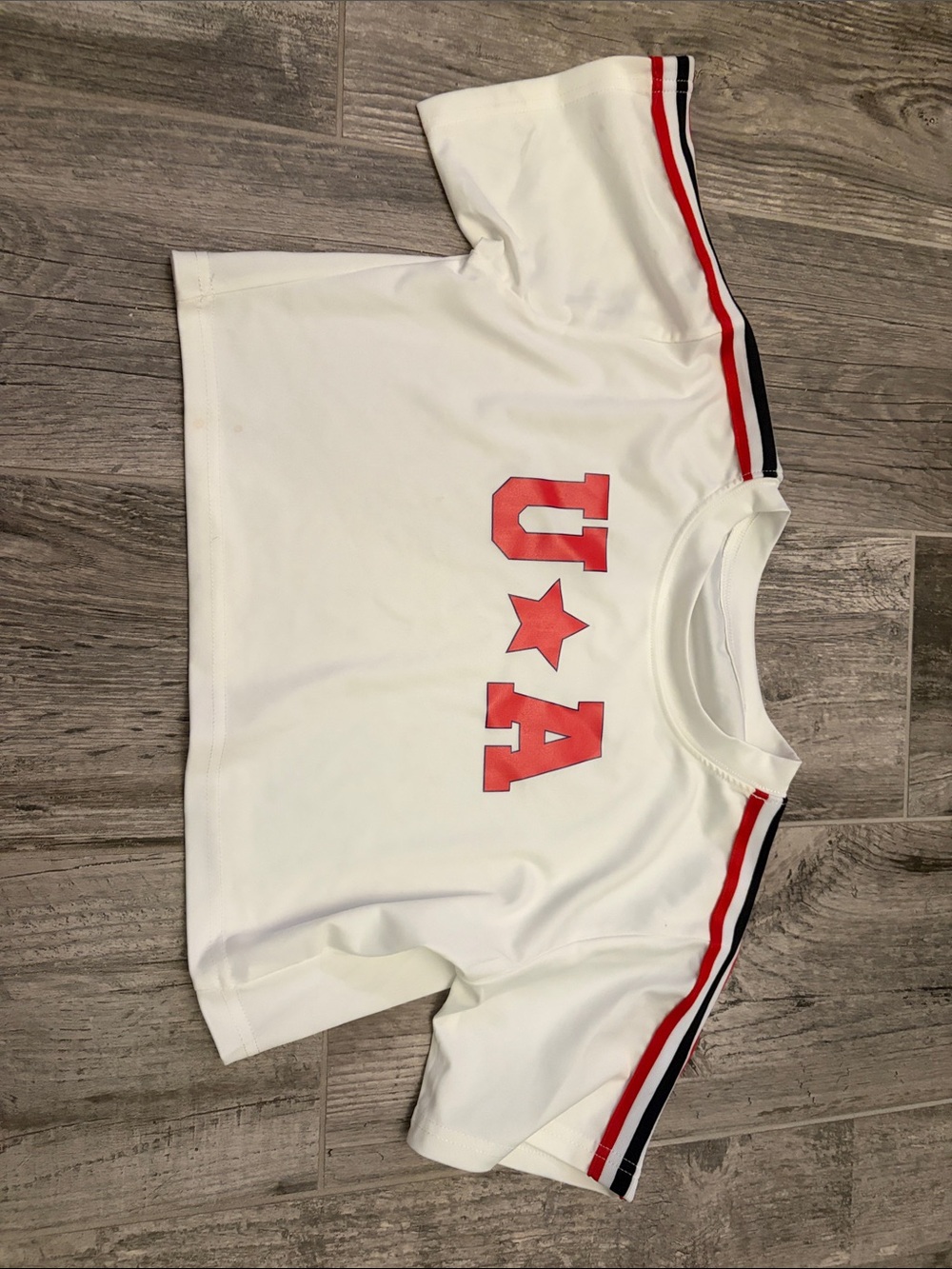 Kids White Tee with Red USA Graphic and Stripe Detail
